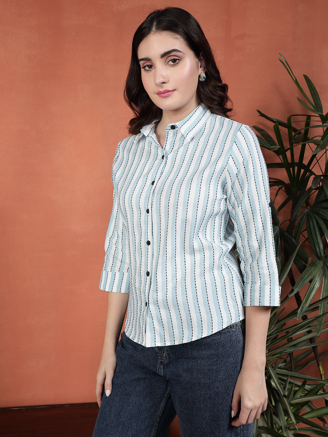 TANDUL Women Stylish Blue and White Striped Shirt