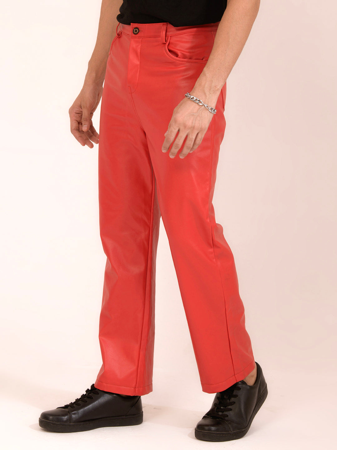 TANDUL  Men Regular Fit Red Faux Leather Trousers