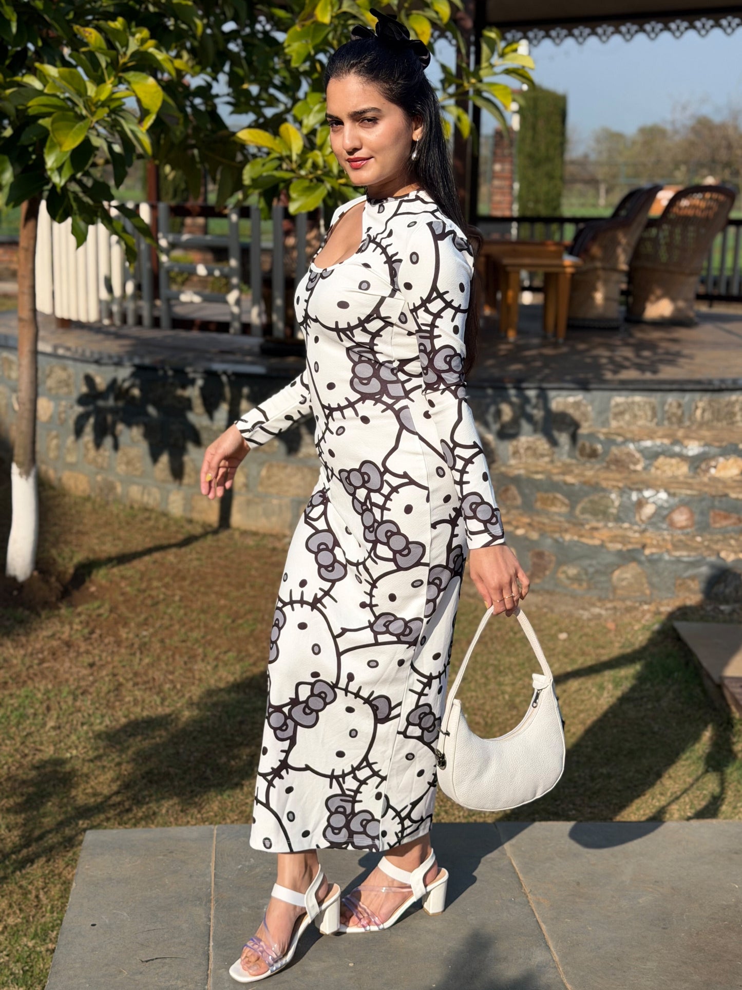 TANDUL White Kitty Printed Bodycon Dress