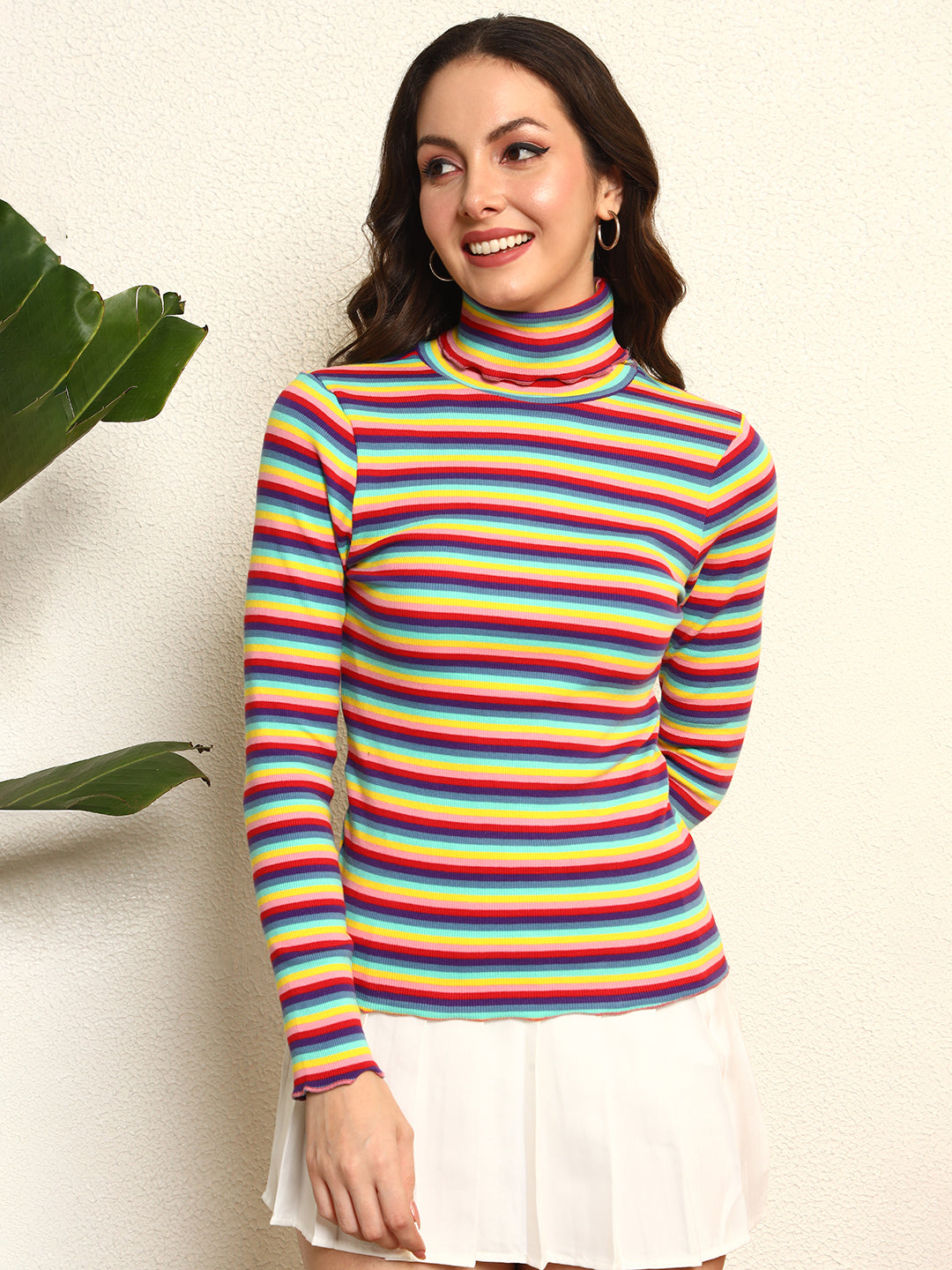 TANDUL Women Multicolor Striped Highneck