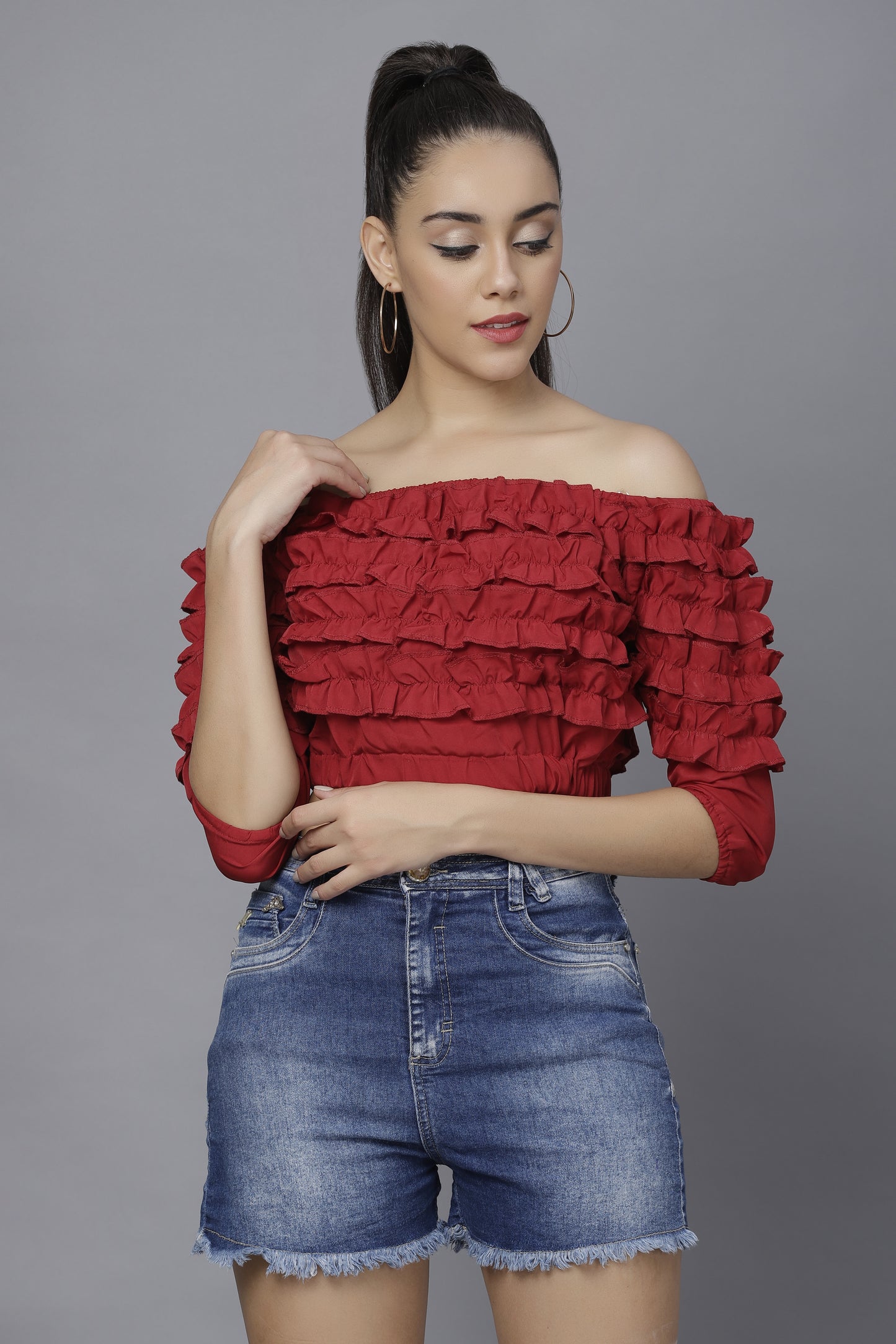 TANDUL  Casual Cold Shoulder Sleeves Solid Women Maroon Top