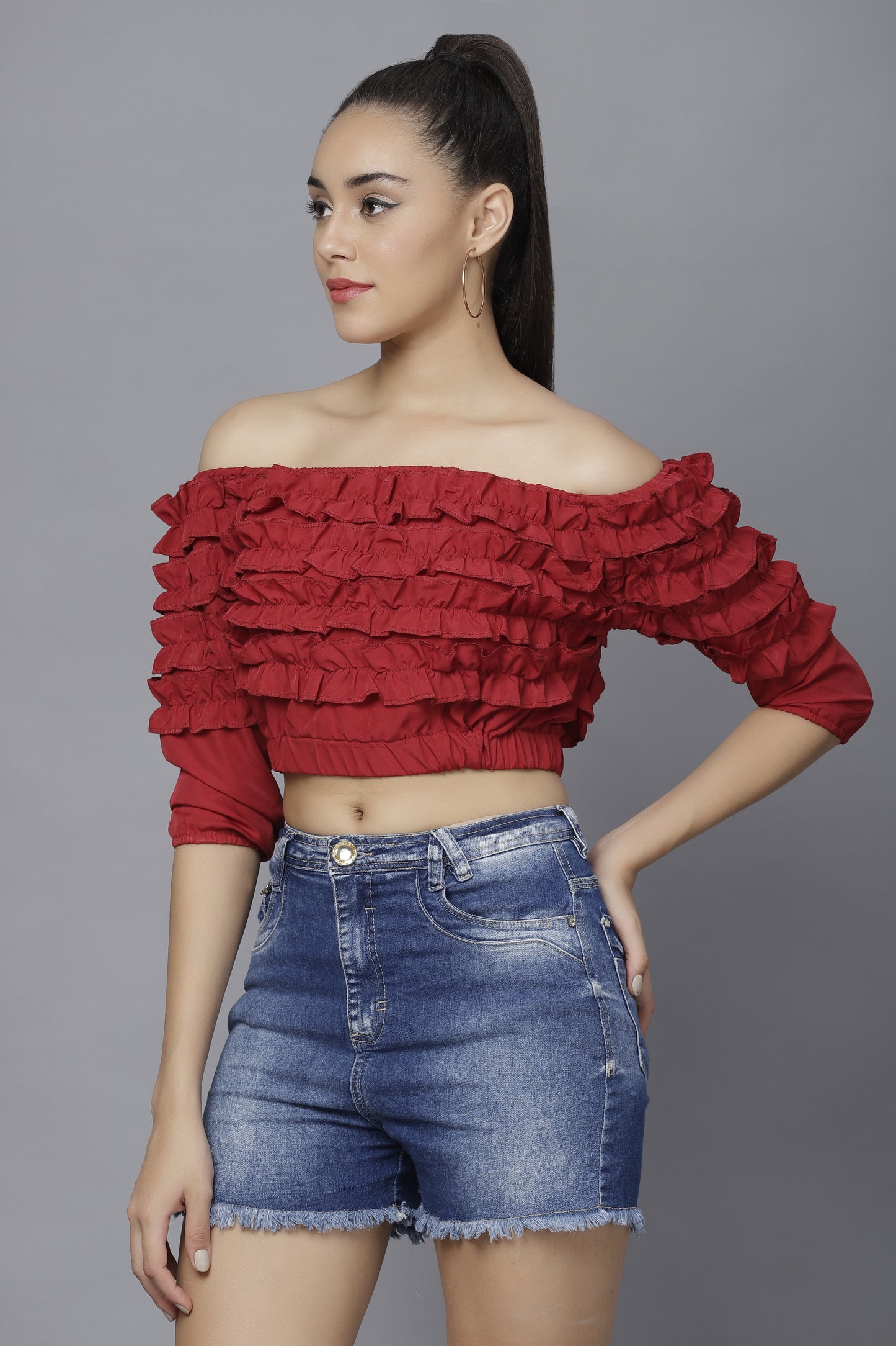 TANDUL  Casual Cold Shoulder Sleeves Solid Women Maroon Top