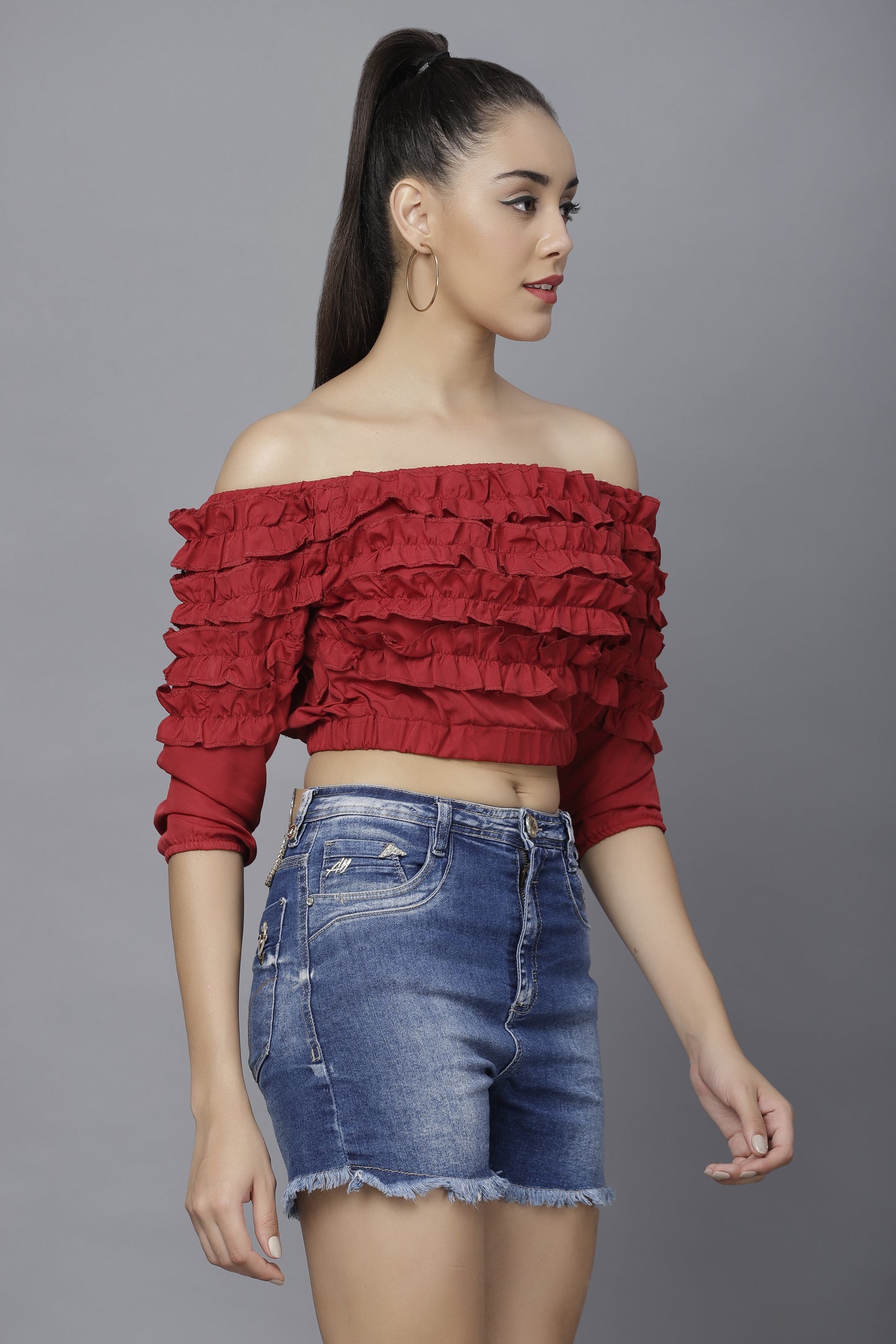 TANDUL  Casual Cold Shoulder Sleeves Solid Women Maroon Top