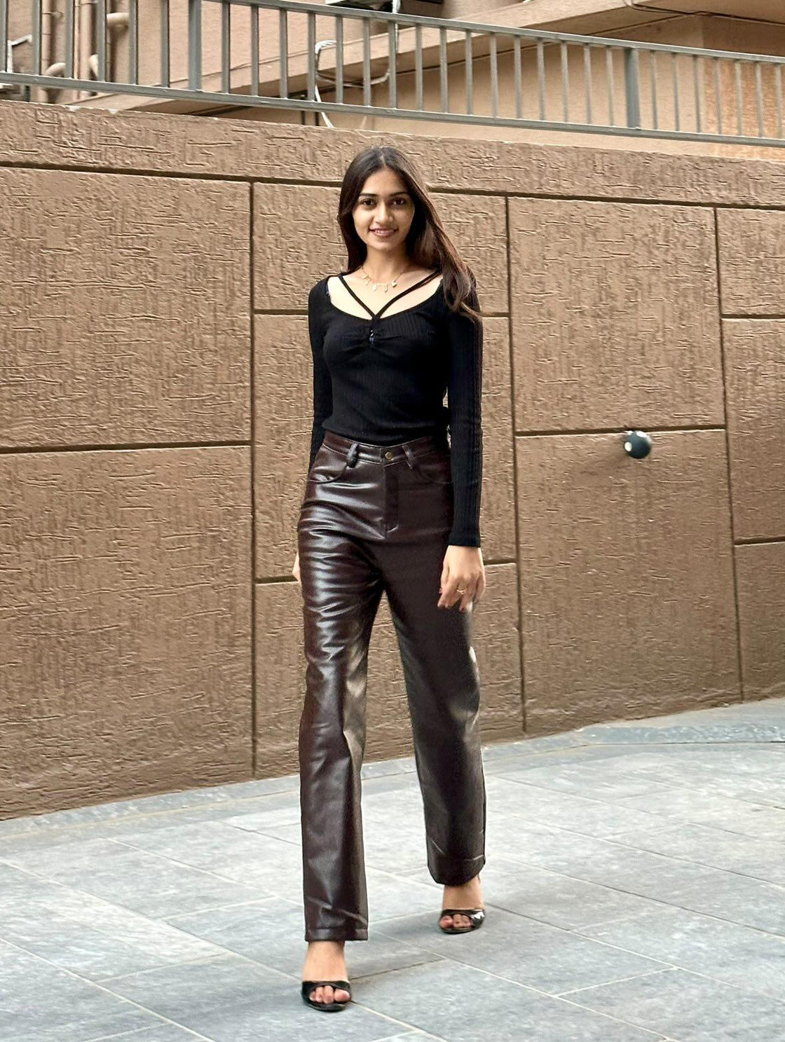 Women Regular Fit Black Faux Leather Trousers