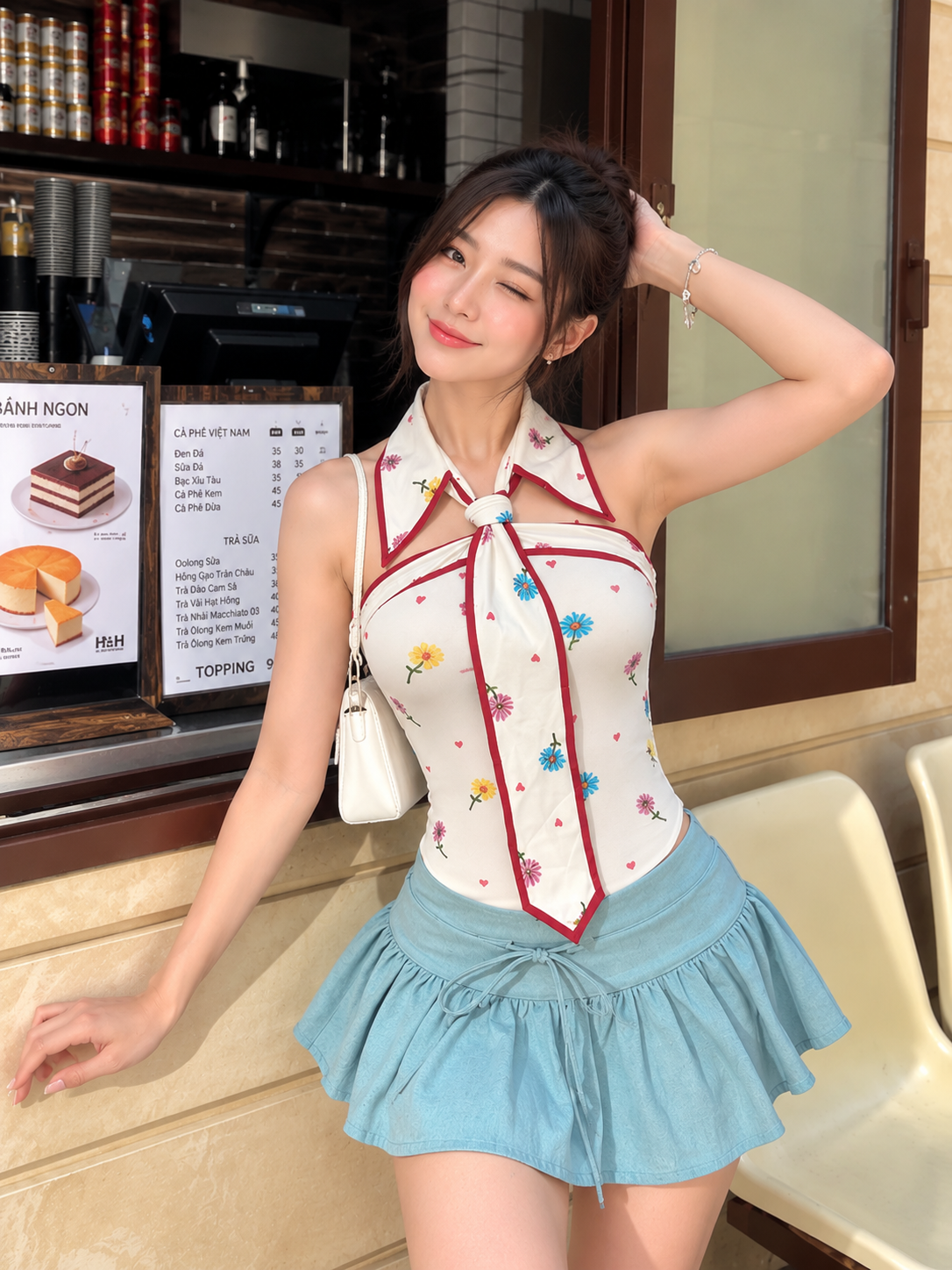 TANDUL Women White Daisy and Heart Print Halter Top