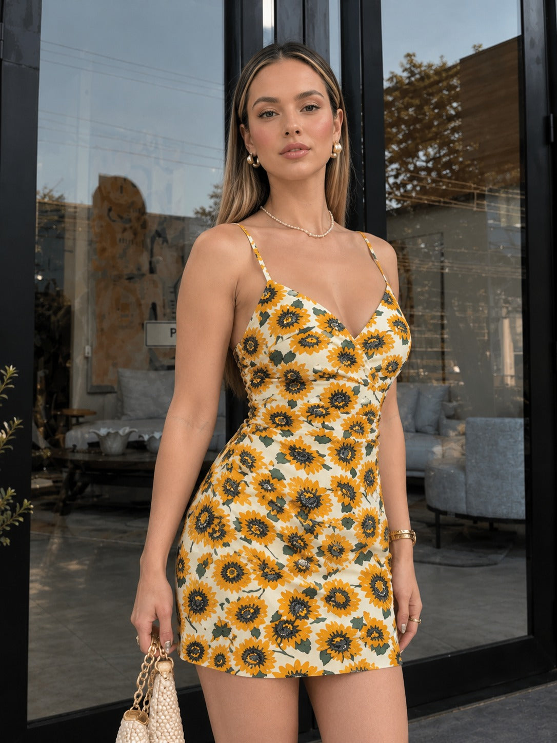 TANDUL Women Sunflower Print Cami Bodycon Mini Dress