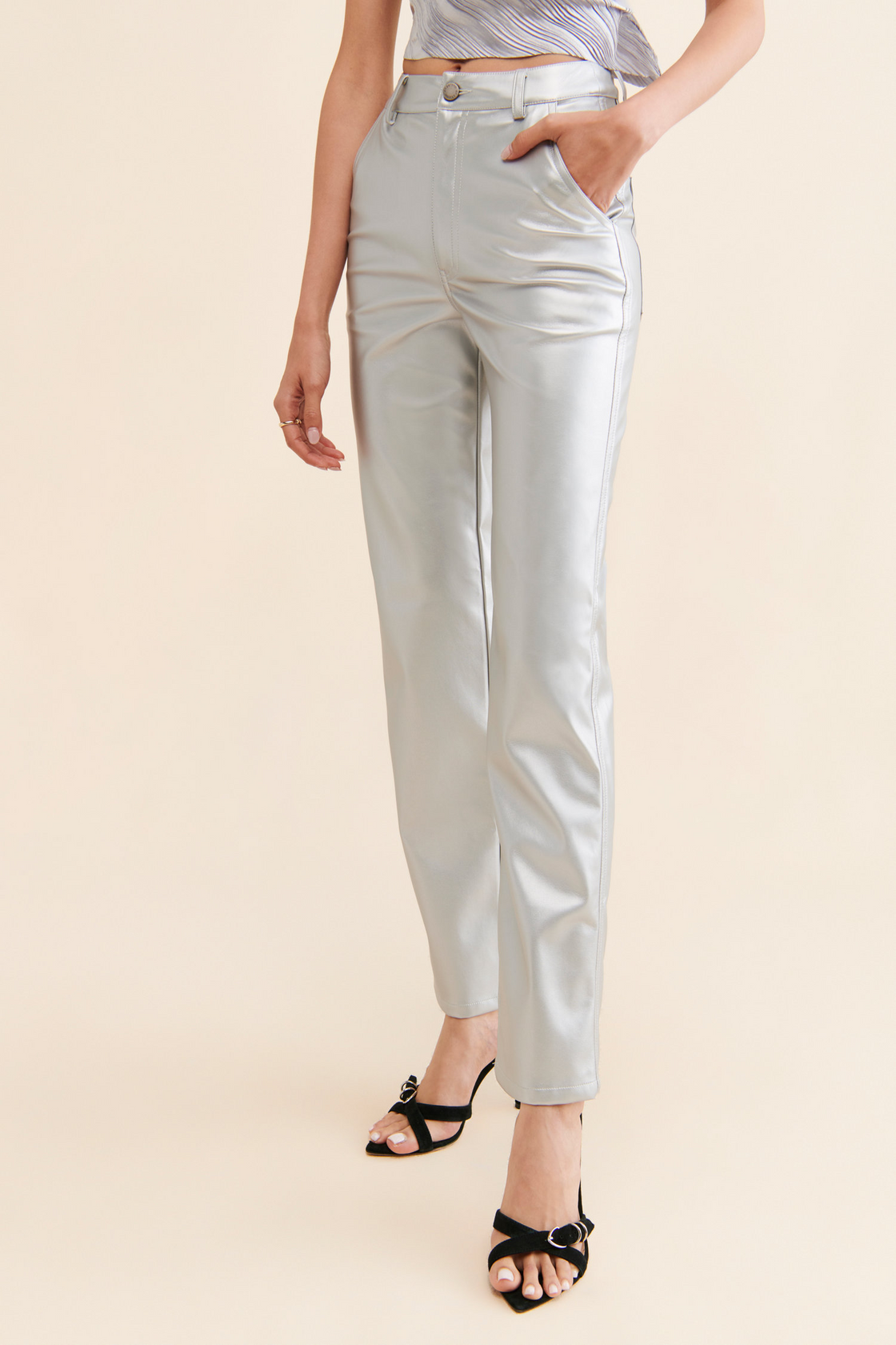 TANDUL  Women Regular Fit Silver Faux Leather Trousers