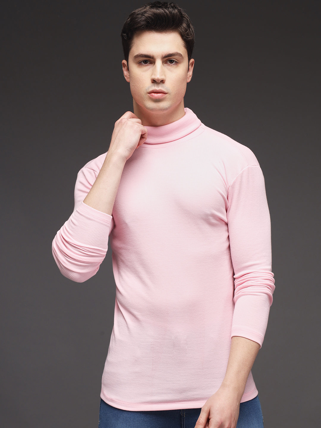 TANDUL  Men Solid Turtle Neck Pink Sweater