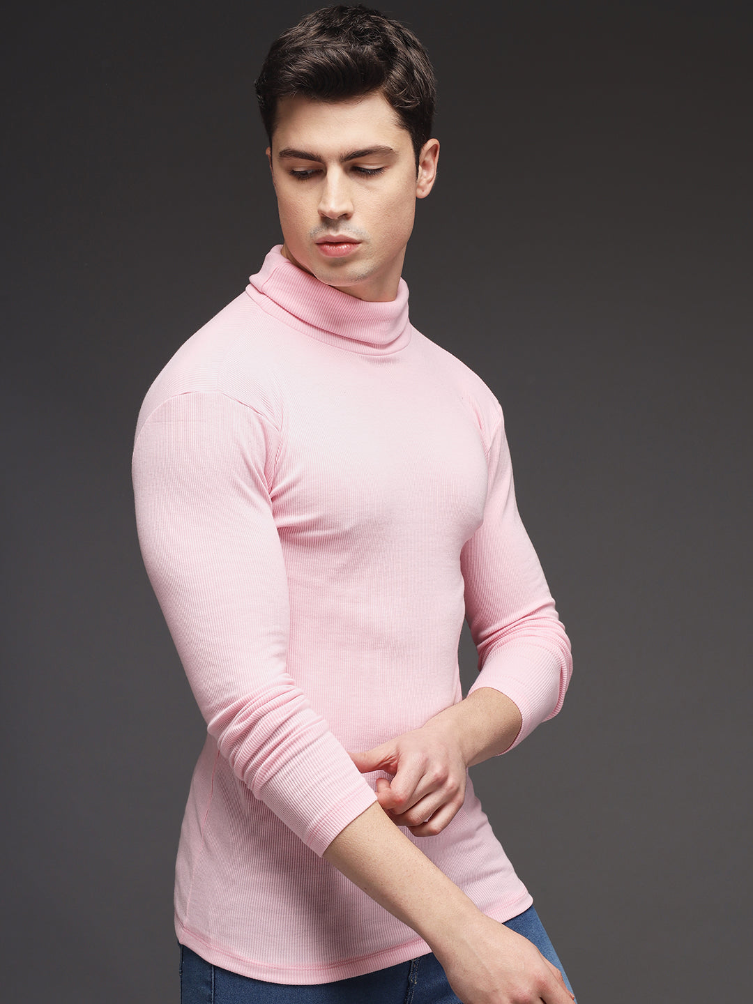 TANDUL  Men Solid Turtle Neck Pink Sweater