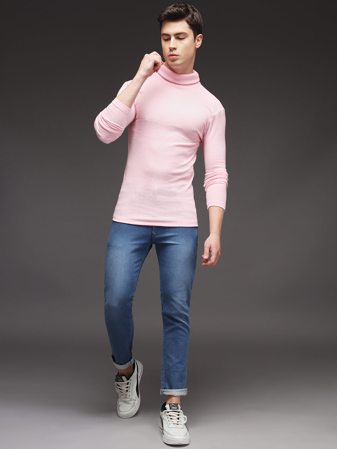 TANDUL  Men Solid Turtle Neck Pink Sweater