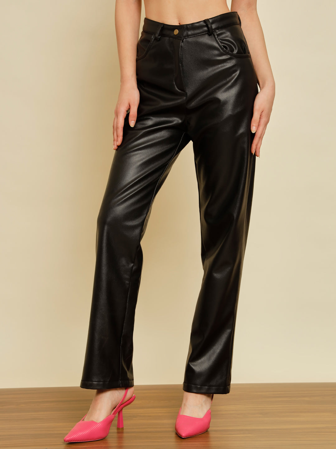 TANDUL Women Regular Fit Black Faux Leather Trousers
