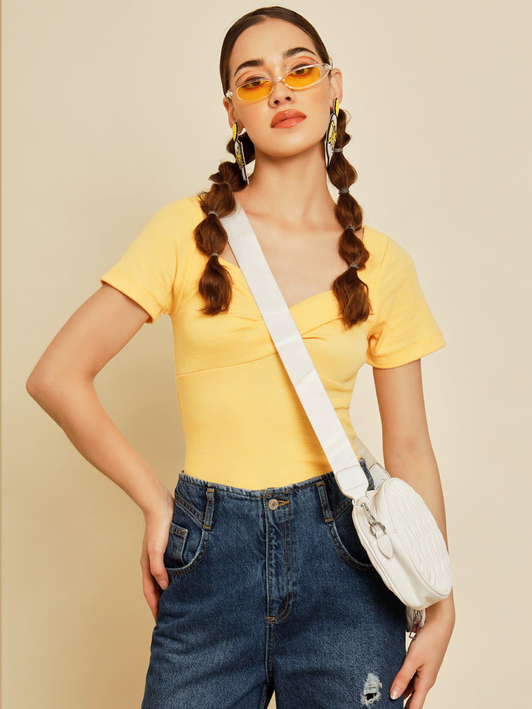 TANDUL  Casual Regular Sleeves Solid Women Yellow Top