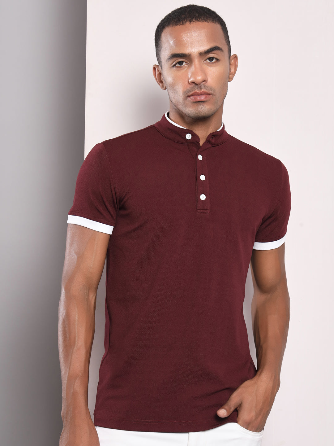 TANDUL Men Solid Stylised Neck Maroon T-Shirt