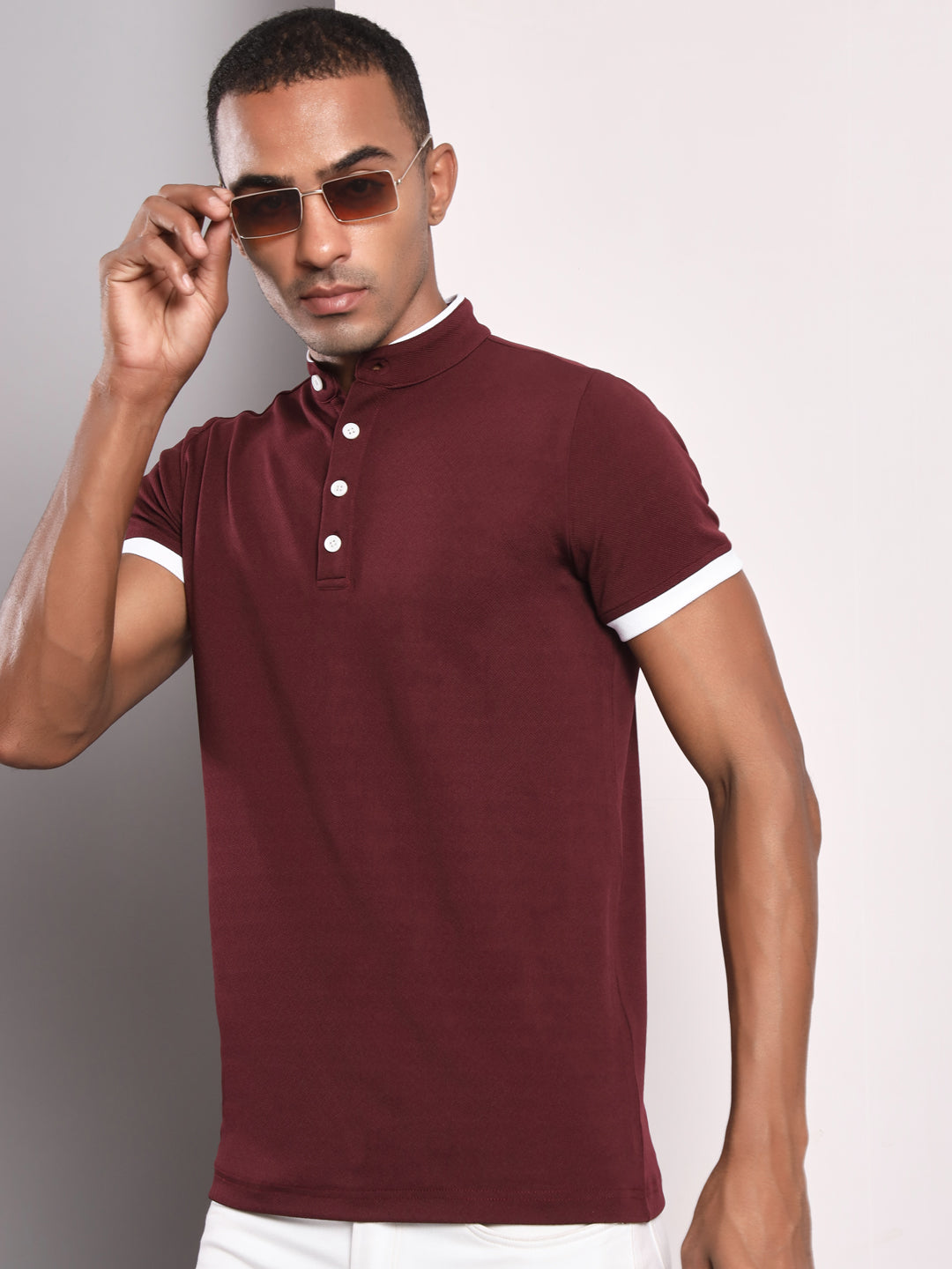 TANDUL Men Solid Stylised Neck Maroon T-Shirt