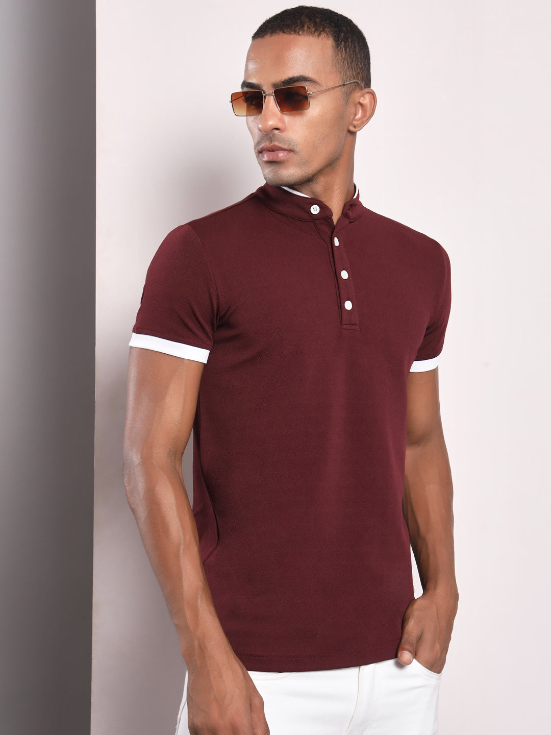 TANDUL Men Solid Stylised Neck Maroon T-Shirt