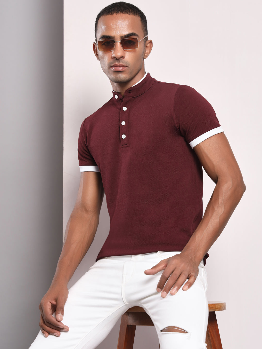 TANDUL Men Solid Stylised Neck Maroon T-Shirt