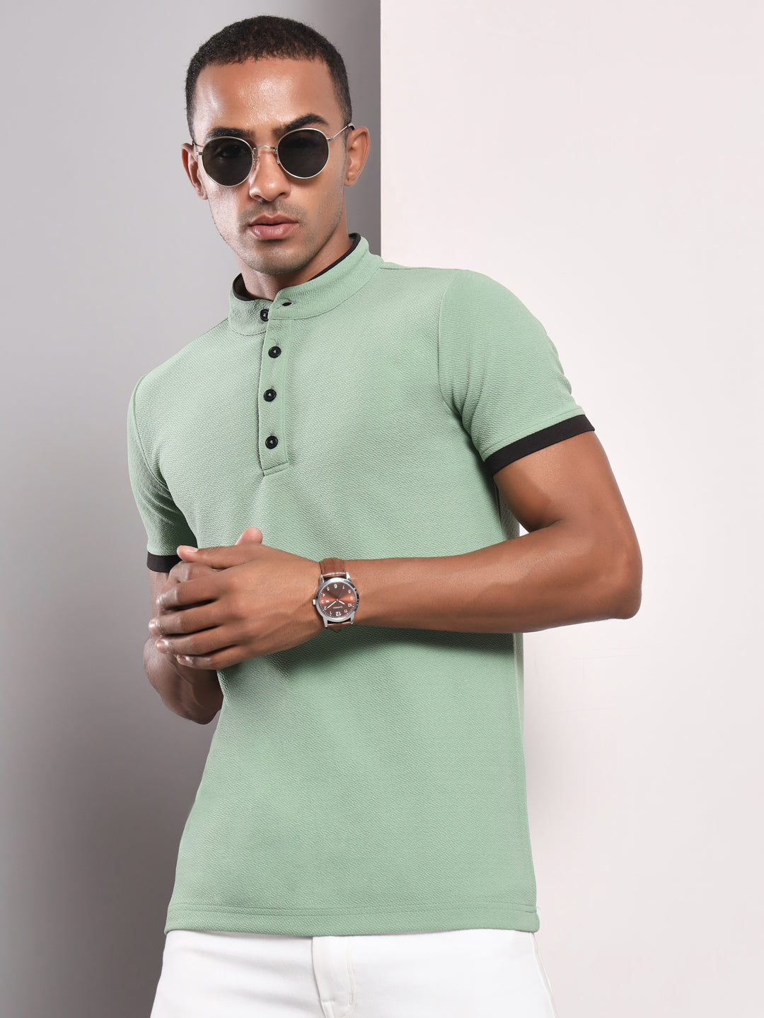 TANDUL Men Printed Stylised Neck Green T-Shirt