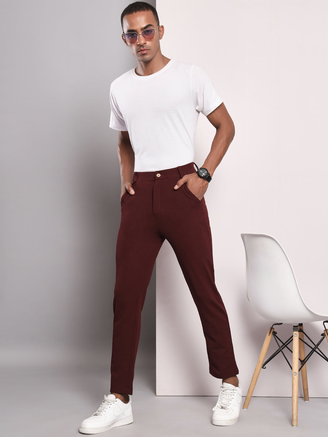 TANDUL Men Regular Fit Maroon Lycra Blend Trousers