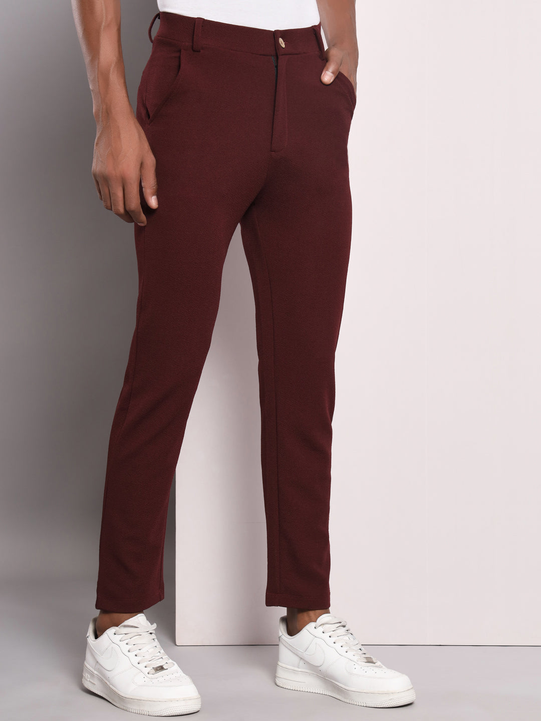 TANDUL Men Regular Fit Maroon Lycra Blend Trousers