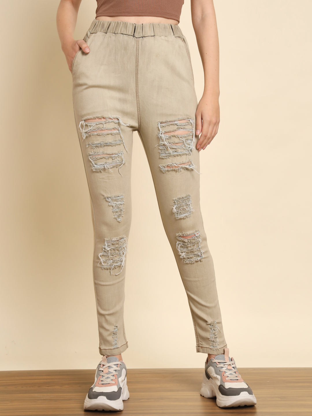 TANDUL Women Jogger Fit Mid Rise Beige Jeans