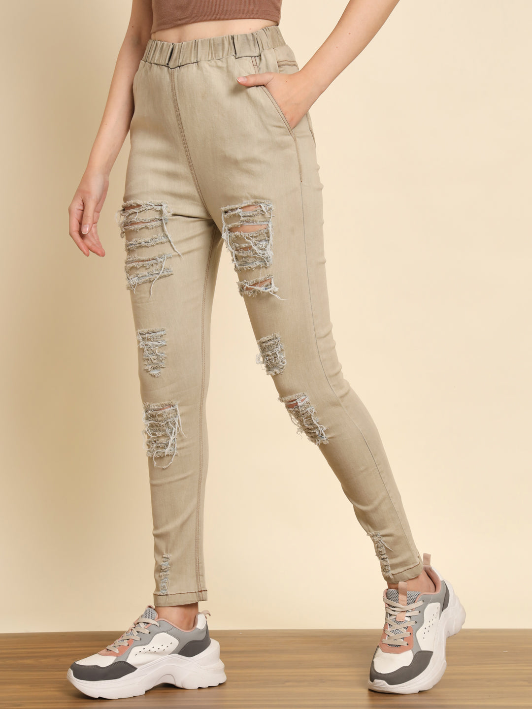 TANDUL Women Jogger Fit Mid Rise Beige Jeans