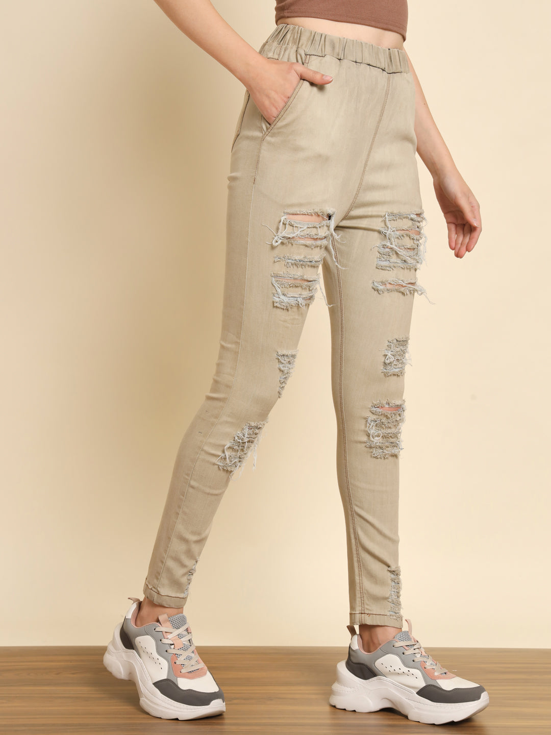 TANDUL Women Jogger Fit Mid Rise Beige Jeans