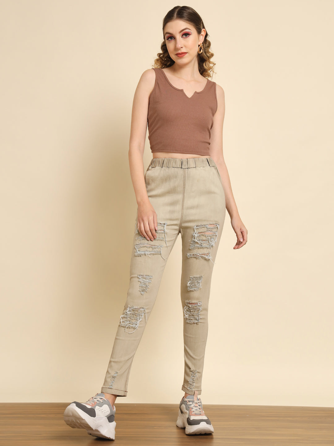 TANDUL Women Jogger Fit Mid Rise Beige Jeans