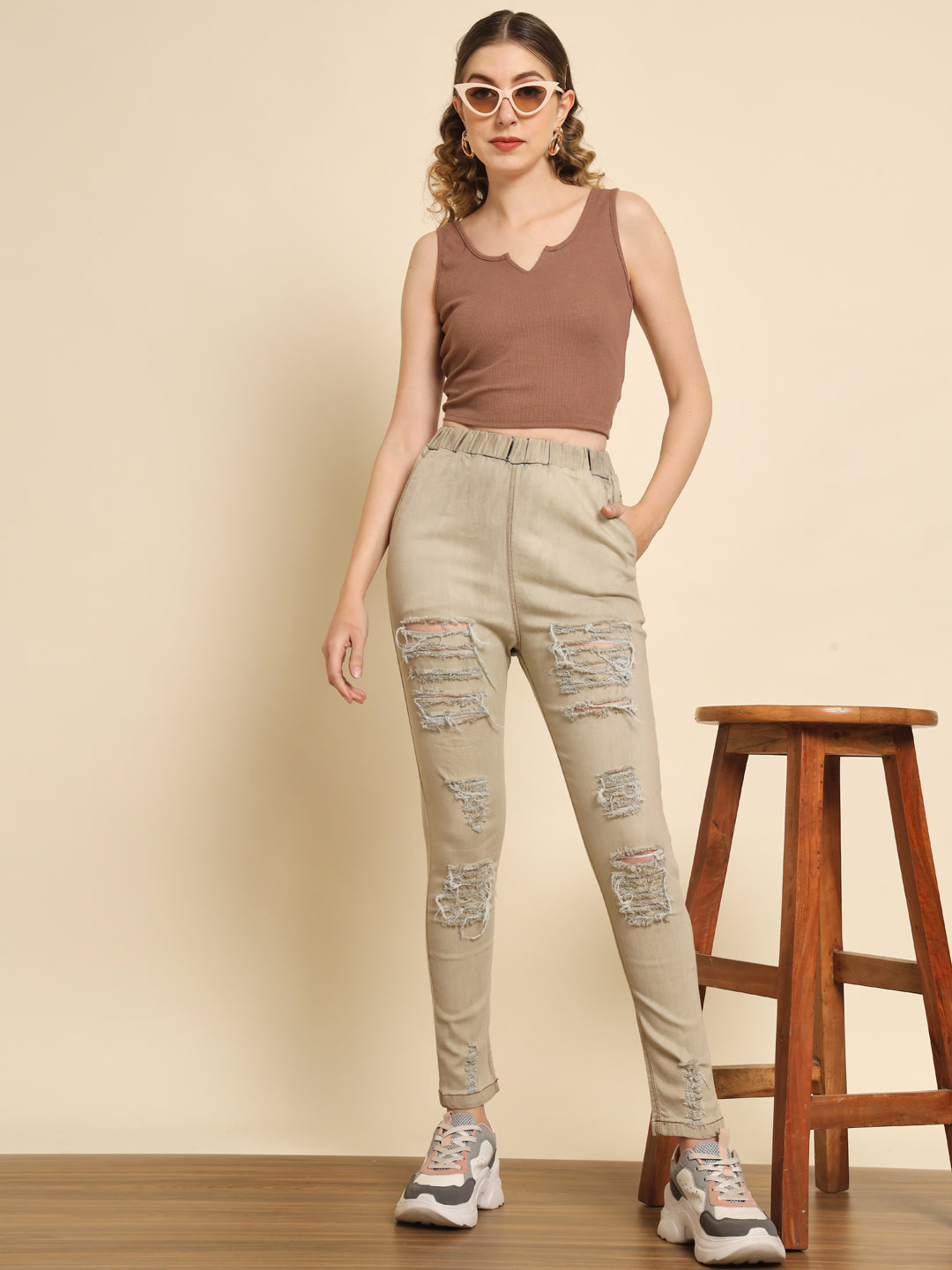 TANDUL Women Jogger Fit Mid Rise Beige Jeans