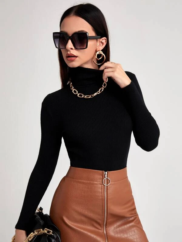 TANDUL Women Solid High Neck Black Sweater