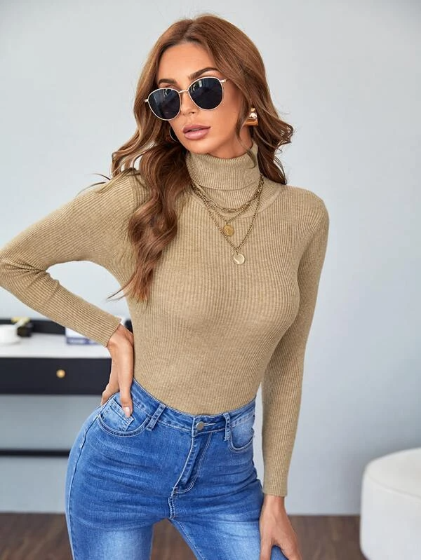 TANDUL Women Solid High Neck Beige Sweater