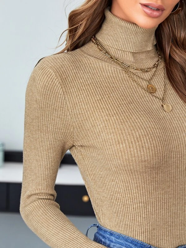 TANDUL Women Solid High Neck Beige Sweater