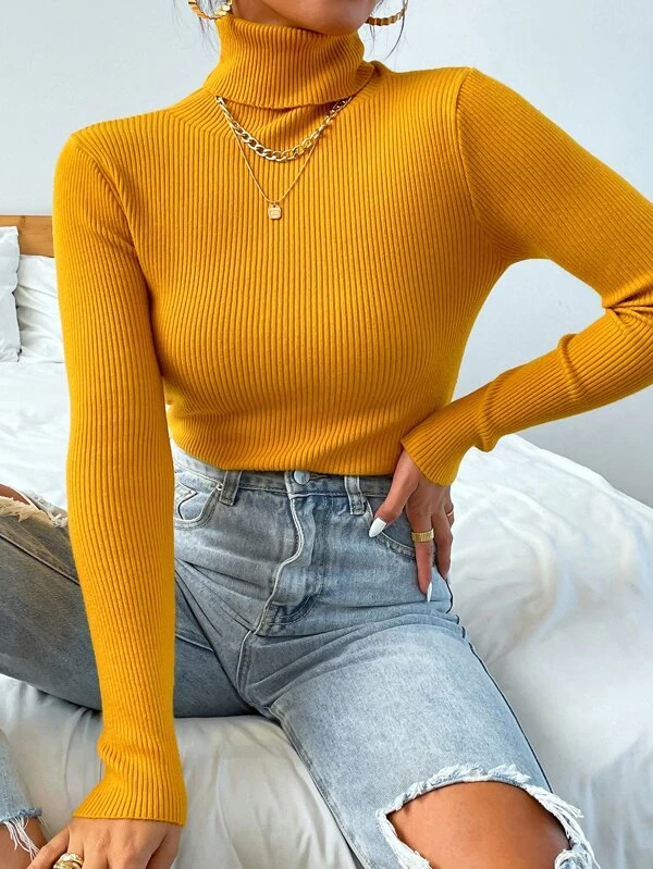 TANDUL Women Solid High Neck Yellow Sweater