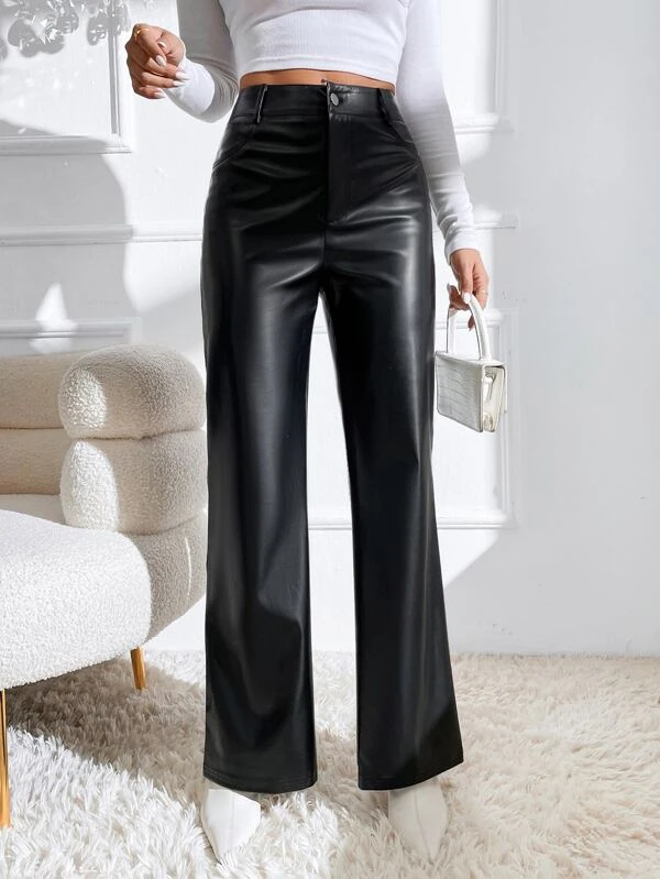 TANDUL  Women Regular Fit Black Faux Leather Trousers