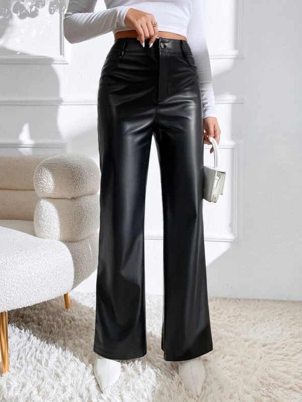 TANDUL  Women Regular Fit Black Faux Leather Trousers