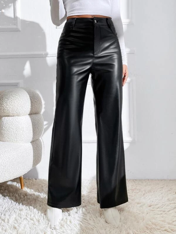 TANDUL  Women Regular Fit Black Faux Leather Trousers