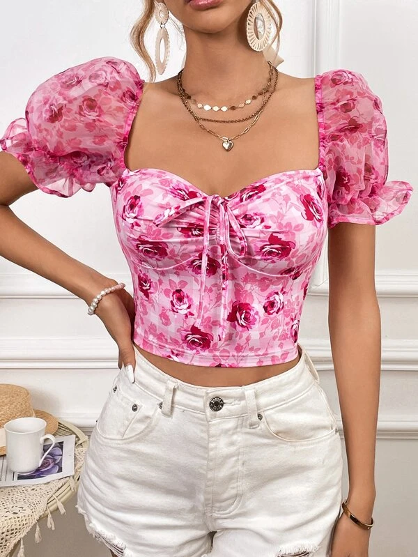 Casual Puff Sleeves Printed Women Multicolor Top