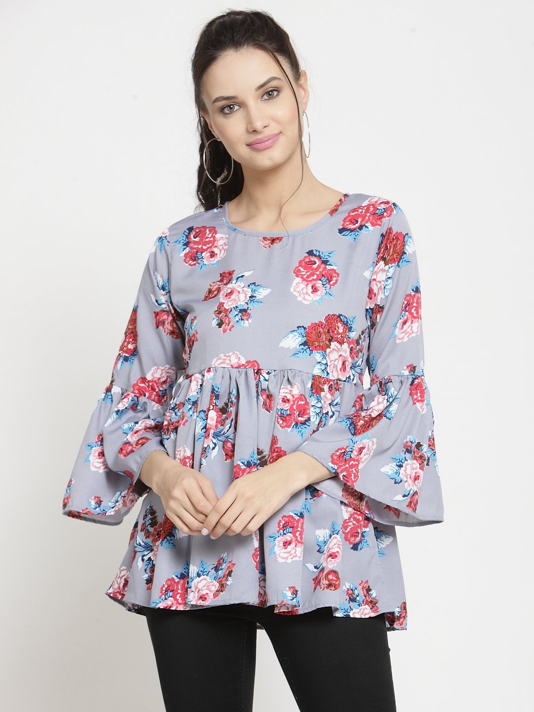 ZARVEY Casual Bell Sleeve Printed Women Multicolor Top