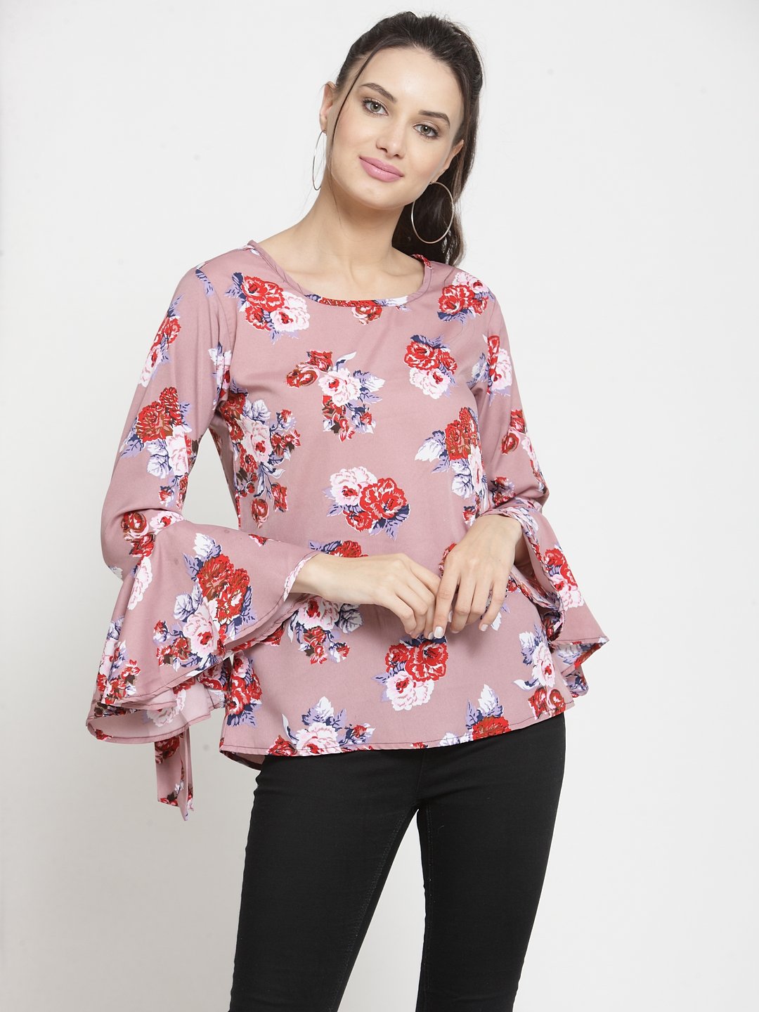 ZARVEY Casual Flute Sleeve Printed Women Multicolor Top