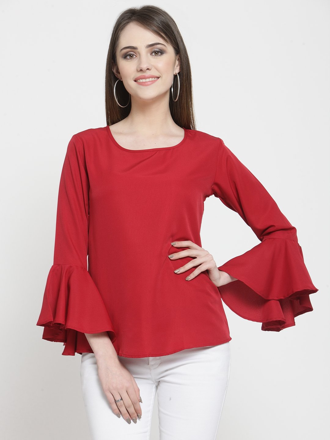 ZARVEY Party Bell Sleeve Solid Women Maroon Top