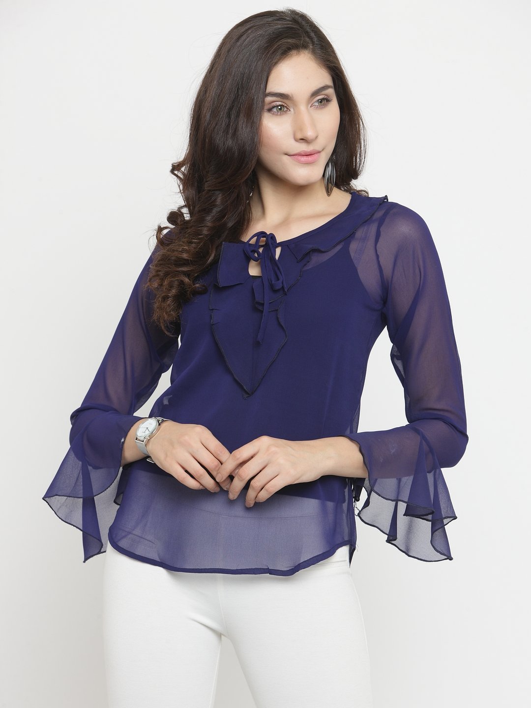 ZARVEY Casual Bell Sleeve Solid Women Blue Top