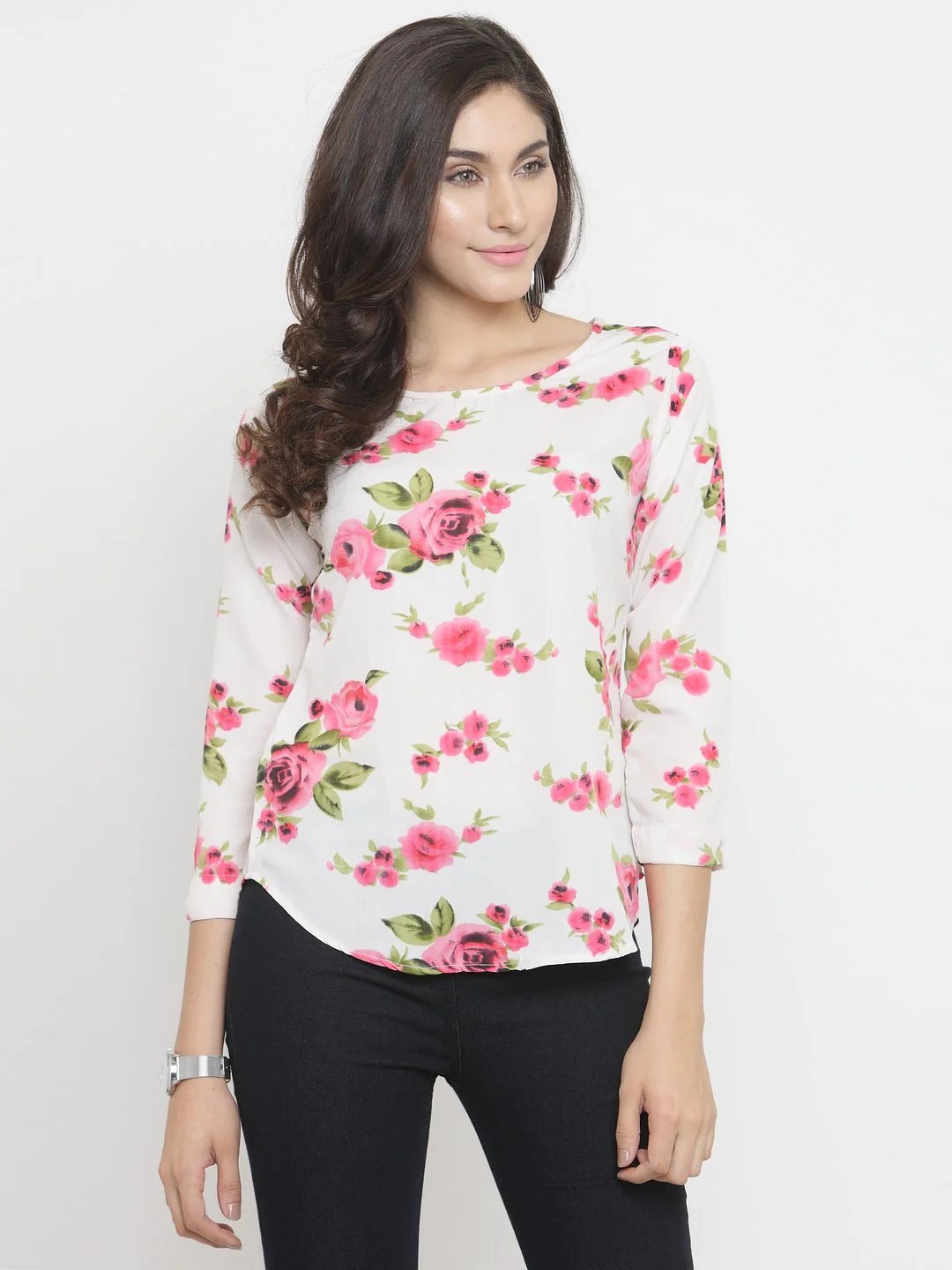 TANDUL Casual 3/4 Sleeve Floral Print Women Multicolor Top