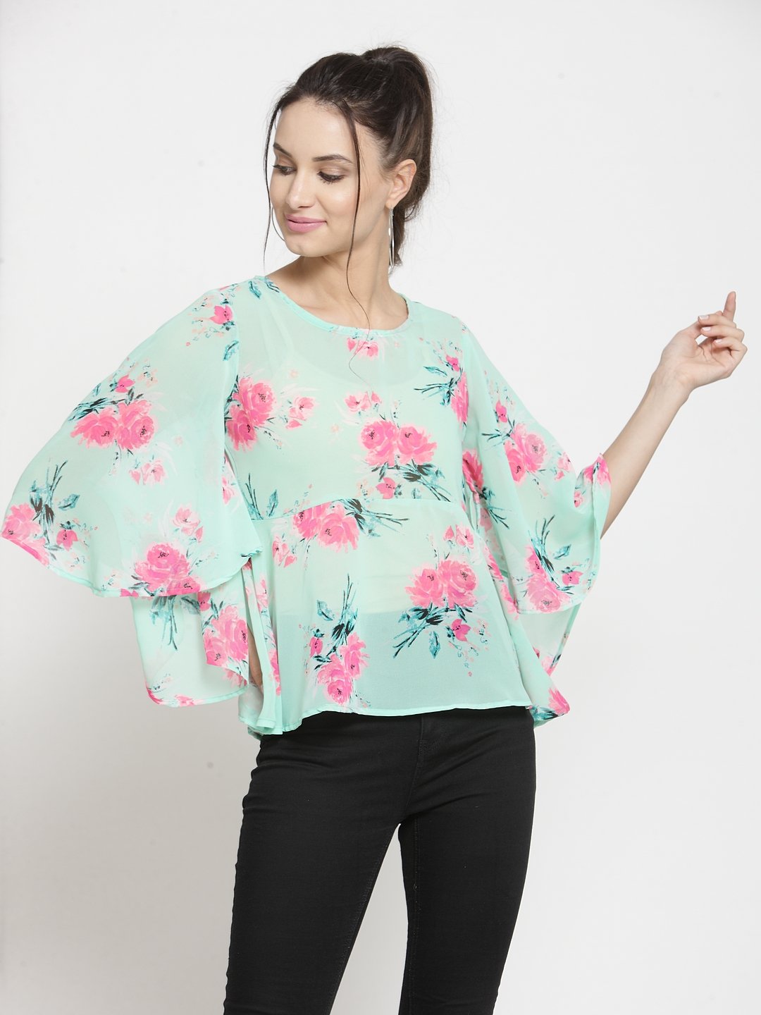 ZARVEY Casual Flared Sleeve Printed Women Multicolor Top