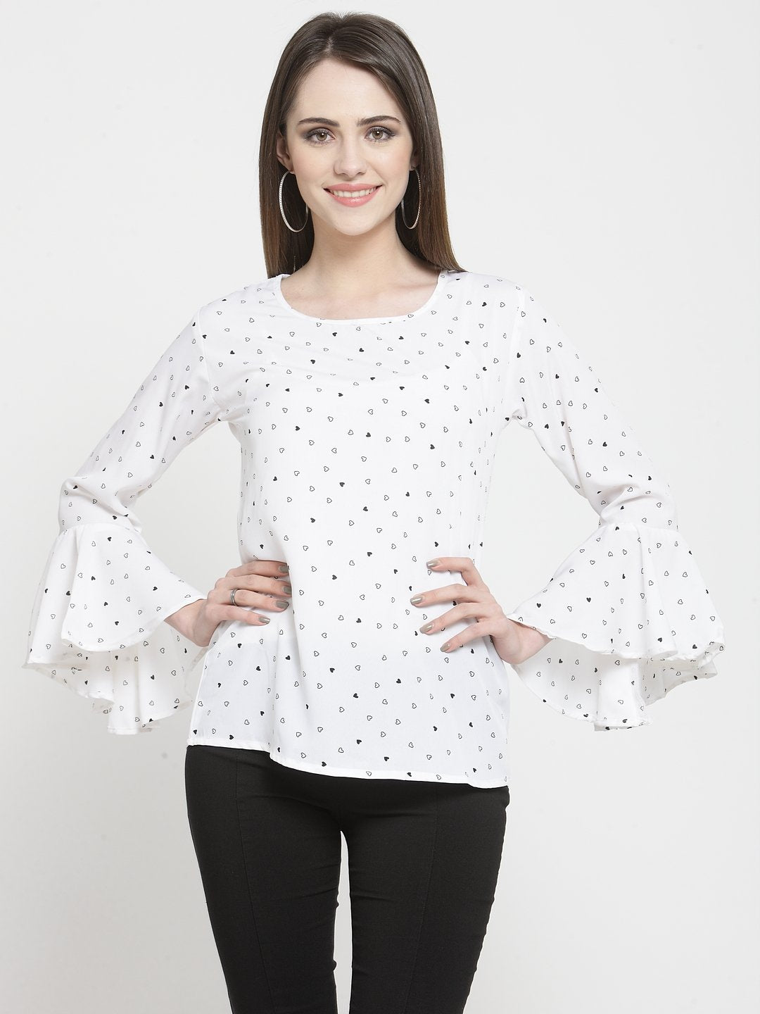 ZARVEY Casual Bell Sleeve Printed Women White Top