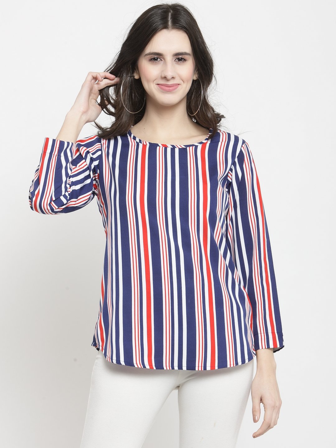 ZARVEY Casual Regular Sleeve Striped Women Red, White, Blue Top