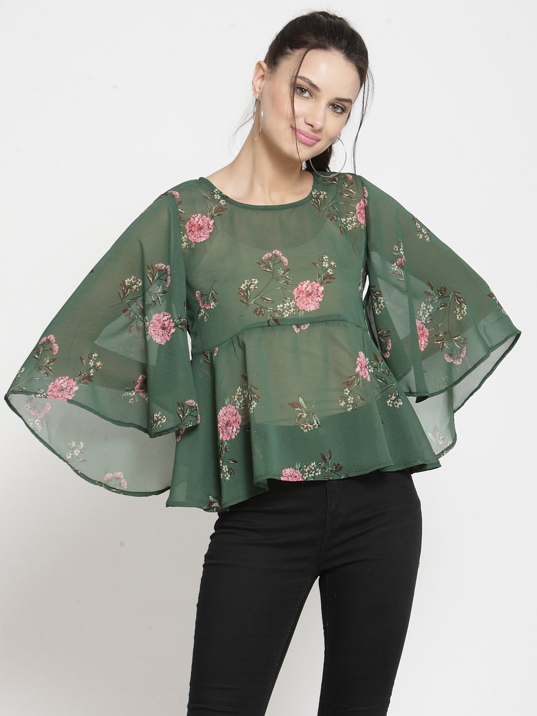 ZARVEY Casual Flared Sleeve Printed Women Dark Green, Pink Top