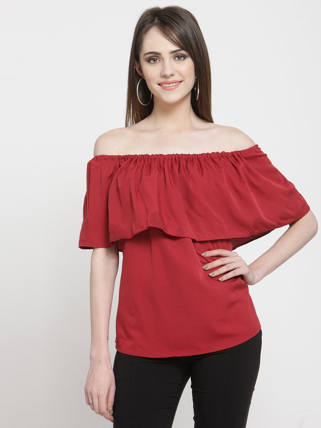 ZARVEY Casual Cape Sleeve Solid Women Maroon Top