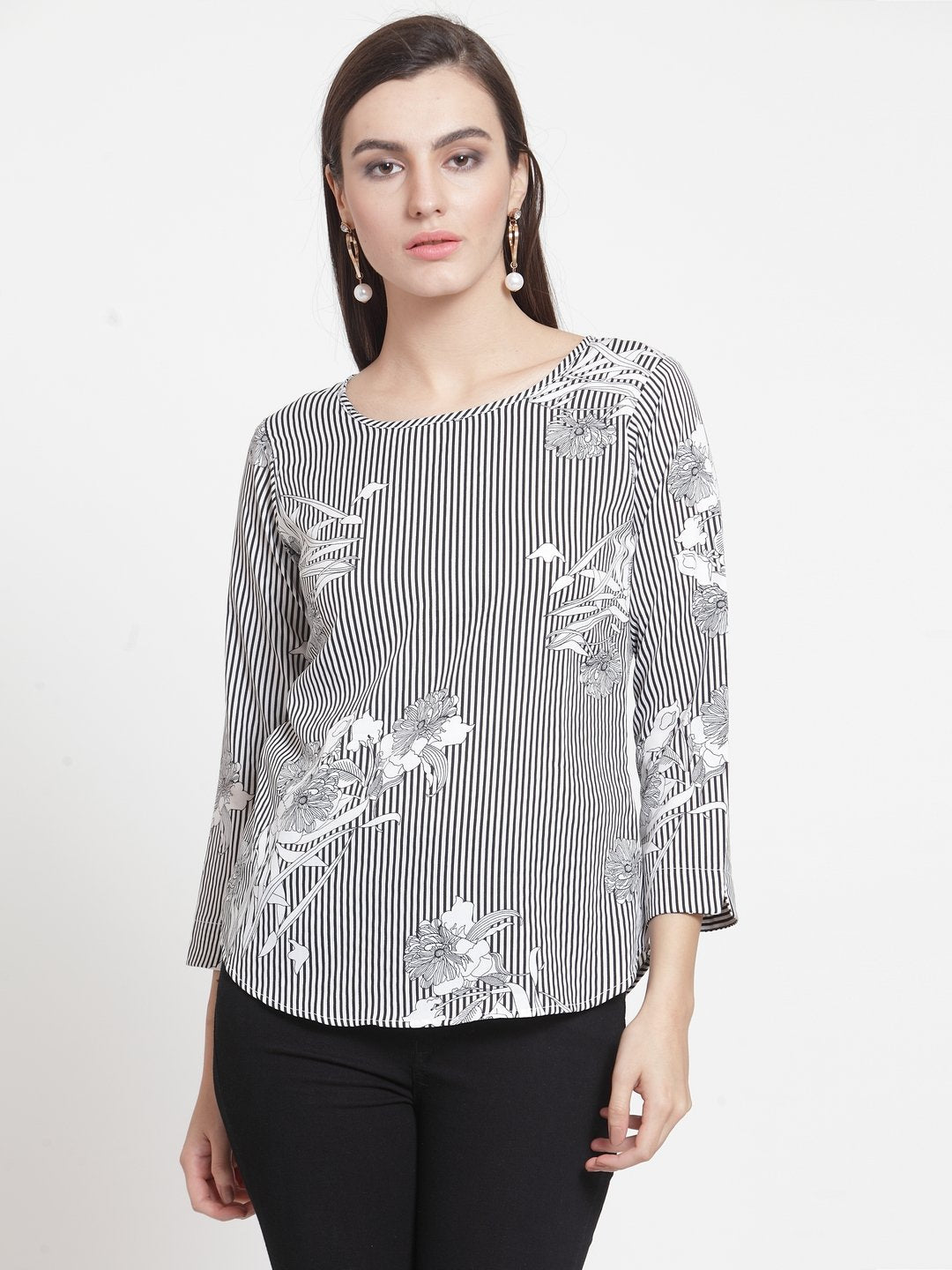 ZARVEY Casual 3/4 Sleeve Floral Print Women Multicolor Top