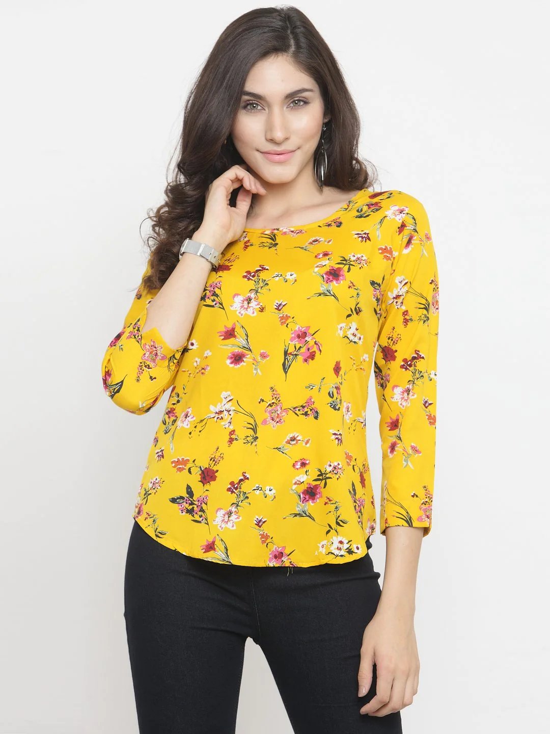 ZARVEY Casual 3/4 Sleeve Floral Print Women Multicolor Top