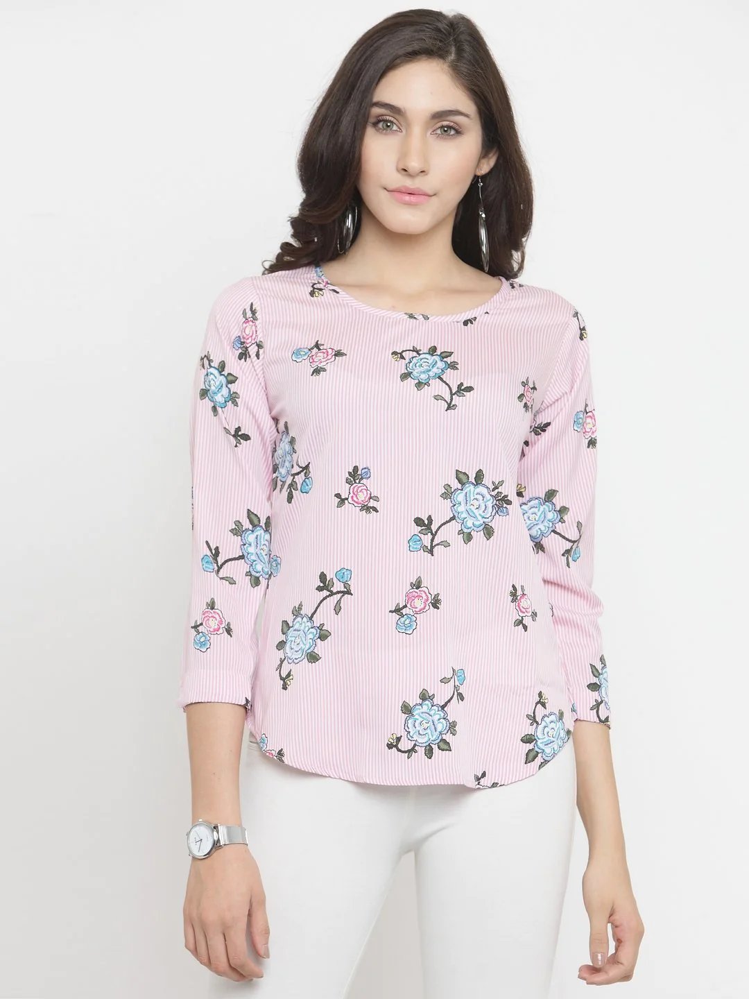 ZARVEY Casual 3/4 Sleeve Floral Print Women Multicolor Top