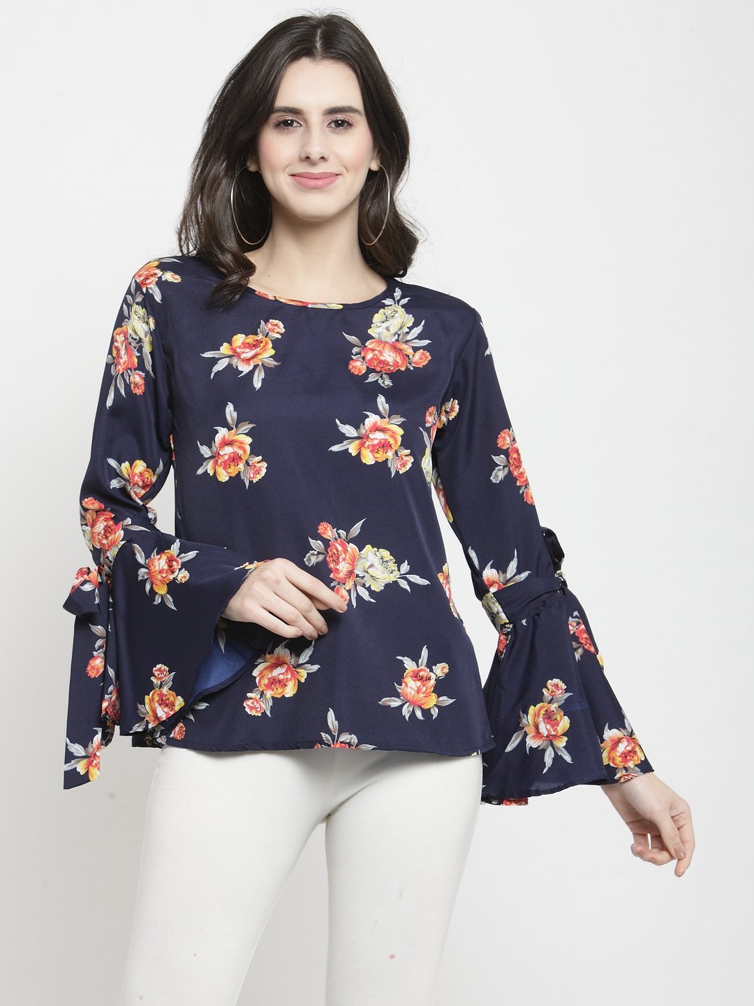 ZARVEY Casual Bell Sleeve Printed Women Dark Blue Top